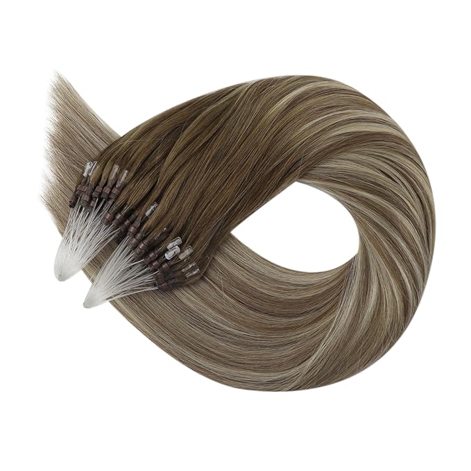 Full Shine Micro Bead Hair Extensions Real Human Hair Color 3 Brown Fading to 8 Ash Brown and 22 Blonde 14 Inch 50 Grams Microlink Hair Extensions Remy Hair for Women