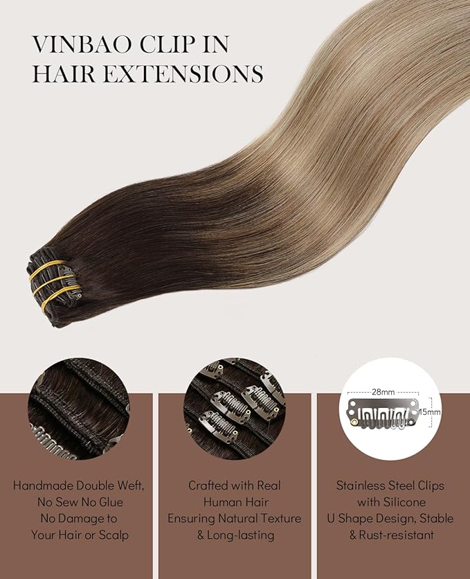 VINBAO Clip in Hair Extensions Remy Human Hair 6pcs 120g 20 Inch Balayage Dark Brown to Dirty Blonde Double No Shedding No Tangle Drawn Clip in Hair Extensions Real Human Hair (#2/6/18, 20'')