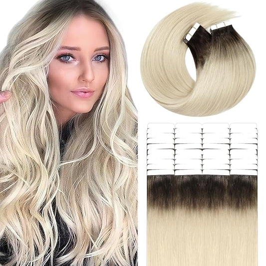 Lacer Hair Extensions Tape in Human Hair Natural Balayage R#2/60 Darkest Brown to Platinum Blonde Seamless PU Skin Weft 22 Inch Tape In Hair Extensions Real Remy Human Hair Double Side 100g 40pcs