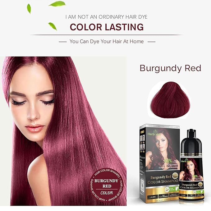 Herbishh Burgundy Hair Color Shampoo - 3-In-1 Magic Dye for Gray Hair 500 Ml + Essential Flower Hair Oil - Organic Formula for Dry, Damaged Hair 60 ML