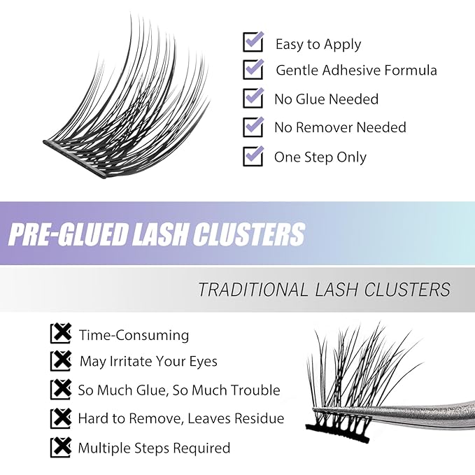 156 PCS Self-Adhesive Lash Clusters – No Glue Needed, Dual-Row Sticky Strip Lashes, DIY Individual Lash Extensions, Super Hold False Eyelashes (Volume-Mixed)