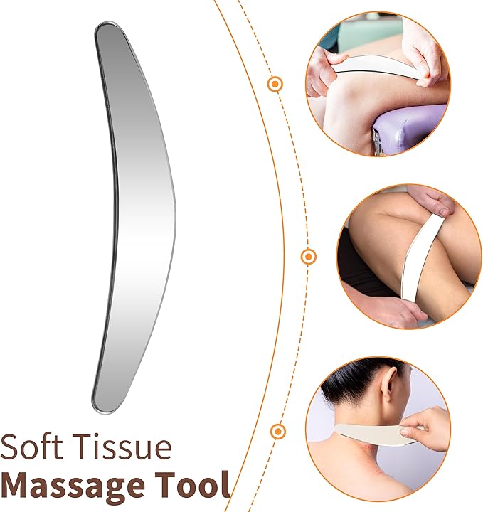 Muscle Scraper Tool, 4 in 1 Gua Sha Body Tool with Long Bar and Derma Edge for Physical Therapy, Multi-Functional Stainless Steel Gua Sha Tool with Storage Bag for Elbows, Wrists, Knees, and Back