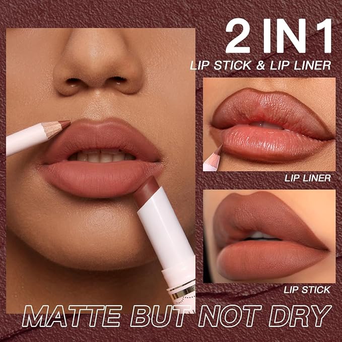 USHAS Lipstick and Lip Liner Combo Set 2 in 1 Waterproof Lipstick and 24H Lip liner Set Long Lasting Lipsticks for Women, Matte Lipstick Pen with Lip Liner Makeup Kits Set