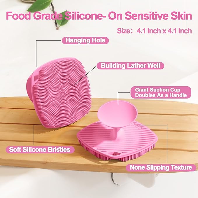 Silicone Body Scrubber with Suction Cup, Gentle Texture Exfoliating Body Scrubber for Men and Women On Sensitive Skin, Build Up Lather, Deep Skin Clean (Body+ Face Scrubber Pink)
