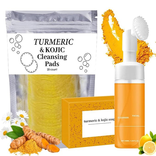 Turmeric Wash and Care Three Piece Set, Turmeric Trio: Facial Wash, Cleansing Mousse & Soap for Skin Care, Turmeric Cleansing Exfoliating Pads, TurmericFace Wash for Face & Body (1Set)