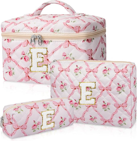 Personalized Initial Makeup Bag Set, Quilted Makeup Bag, Large Floral Cosmetic Bag for Women, Cute Cotton Custom Make up Bags, Flower Travel Toiletry Bag Teen Girl Gift Trendy Stuff Gift E