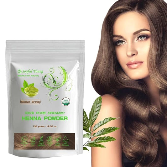 100% Organic Henna Hair Color – Natural, Chemical-Free Hair Dye for Rich, Vibrant Color & Gloss – Grey Coverage, Safe for All Hair Types, Vegan Non-Toxic, Herbal Hair Treatment (MEDIUM BROWN)