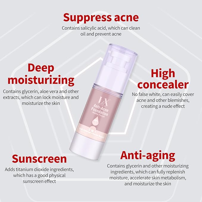 Acne-serum Foundation with Salicylic Acid & Vitamin E, Sensitive Skin Foundation Vegan & Non-Comedogenic for Acne Prone Skin Care, 107 Light