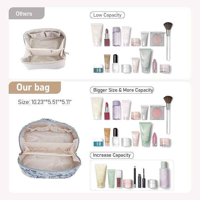 Large Capacity Cosmetic Bag for Women, Waterproof PU Leather Makeup Bag for Travel,Toiletry Bag Make up Organizer with Divider and Handle (Blue)