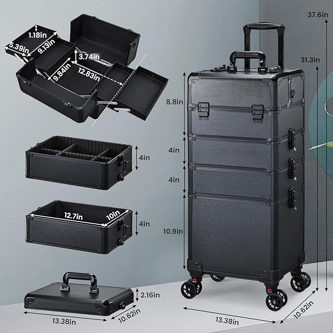 FRENESSA Rolling Makeup Case Makeup Train Case with Lid 5 in 1 Cosmetology Case on Wheels Large Makeup Organizers Salon Cart Barber Trolley Nail Teach Makeup Artist Trunk Cart Black