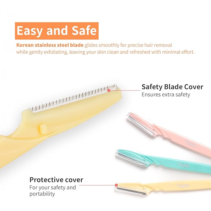 Tinkle Dermaplaning Tool 6ct, Dermaplane Razor for Women, Safe and Easy Peach Fuzz Remover, Eyebrow Trimmer with Protective Cover, Stocking Stuffers
