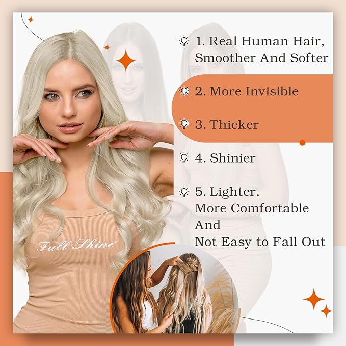 Full Shine Remy Hair Extensions Real Human Hair Tape in 14Inch Seamless Tape Hair Extensions 613 Bleach Blonde Tape ins Silky Straight Hair 20pcs Double Sided Adhesive Tapes in Hair 50g for Women
