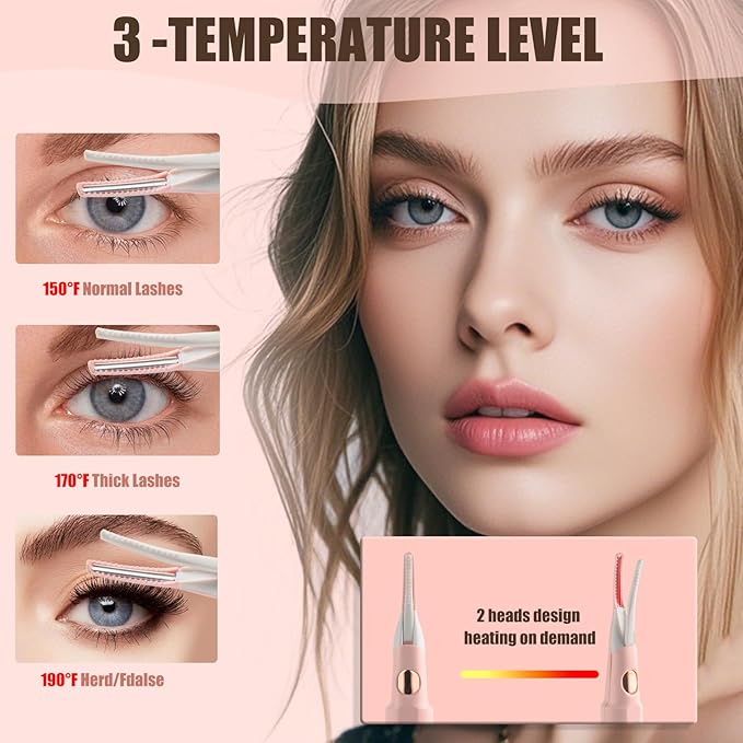 Heated Eyelash Curler - 2 in 1 Clip-Type, LED Display, 3 Temp Settings, USB Rechargeable, Natural Curling, 24H Long Lasting - Pink