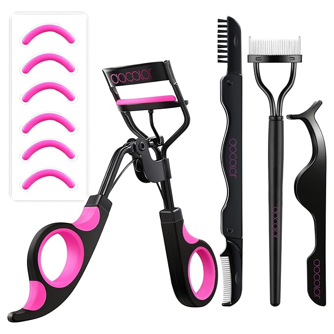 Docolor Eyelash Curler Kit, 4 in 1 Lash Curler Kit, eyelash comb eyelash extension tweezers eyebrow brush and comb with 6 Extra Replacement Refill Pads Eyelash Applicator Makeup Tool