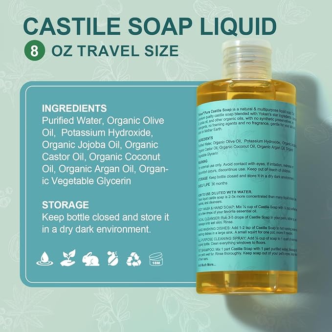 Pure Castile Liquid Soap Organic (EWG Verified, Unscented, 8 OZ), Made with Organic Oils, No Added Fragrance, Vegan, Castile Soap Liquid for Face, Laundry, Dishes, Sensitive Skin, Travel soaps