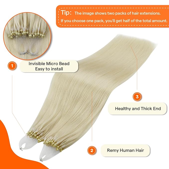 Full Shine Micro Link Hair Extensions 20 Inch Soft Long Human Hair Extensions add Length Color 60 Platinum Blonde Micro Link Extensions for Party 50 Grams