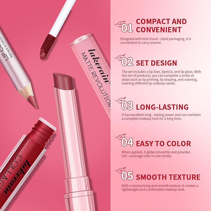 3PCS Lip Liner and Lipstick Combo Set - Matte Lip Liner Pencil, Velvet Matte Lipstick & Hydrating Collagen Lip Gloss - Long-Lasting, Smudge-Proof, Nude Brown Lip Makeup Kit (#3 Reddish Brown)