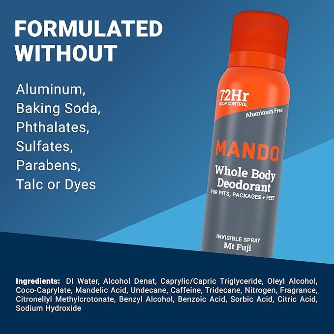 Mando Whole Body Deodorant For Men - Invisible Spray Deodorant - 72 Hour Odor Control - Low Irritation Formula - Aluminum Free, Benzene Free - 3.6 ounce Cans (Pack of 2) - Mt Fuji