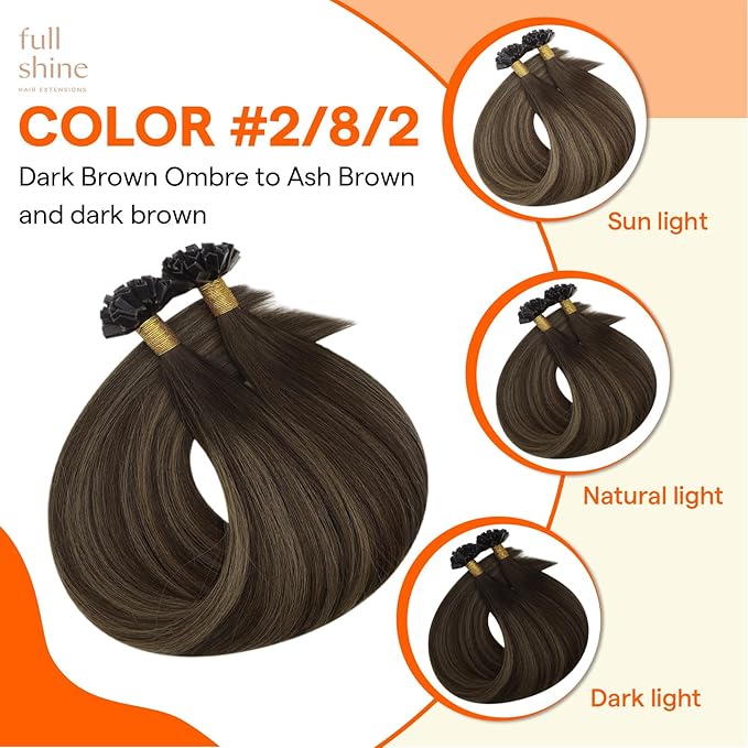 Full Shine K Tip Hair Extensions Real Human Hair Dark Brown Ombre Ash Brown and Brown Fusion Hair Extensions 14 Inch Keratin Tip Extensions for Women 50 Grams