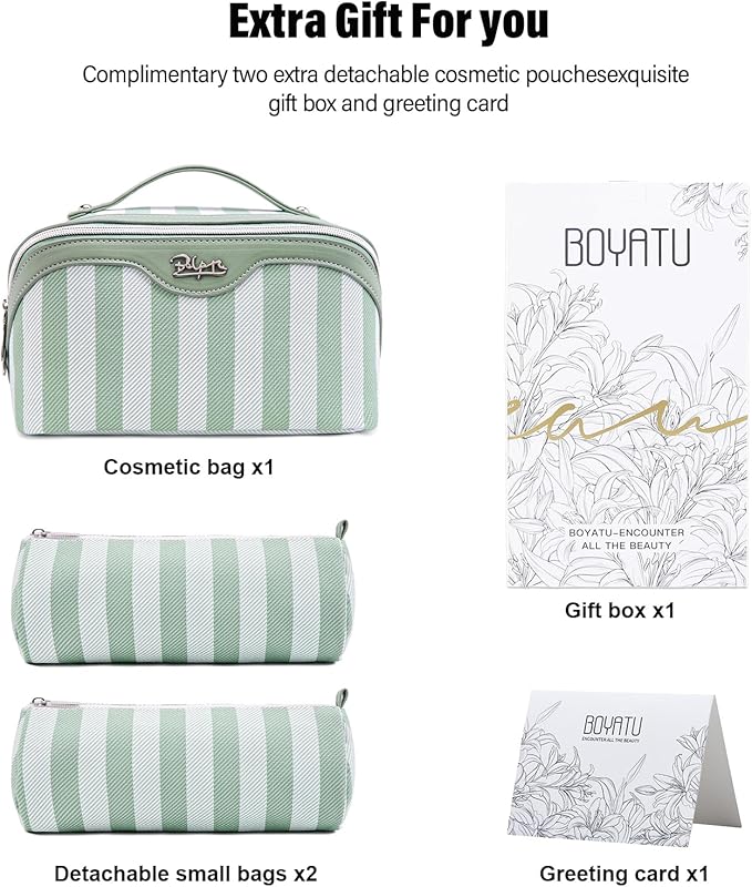 BOYATU Travel Makeup Bag for Women: Large Cosmetic Bag Set of 3 - PU Leather Make up Bag with Compartments - Compact Waterproof Toiletry Bag with Divider & Handle (B-3-Green)