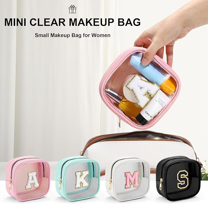 YOOLIFE Mini Clear Makeup Bag Initial Make Up Bag Waterproof Travel Toiletry Bag, Clear Makeup Bag Travel Essentials Gifts for Women Teen Girlfriend Teacher Mom Cute Pouch for Medications Black K