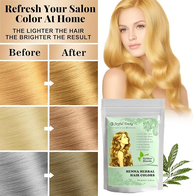 3IN1 Henna Hair Color - 30 Min Fast Herbal Hair Dye for Gray Coverage, Conditioning & Hair Treatment - No Ammonia, Semi-Permanent, Plant-Based (GOLDEN BLONDE)