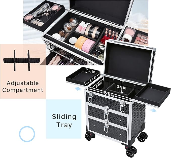 FRENESSA Professional Rolling Makeup Case Aluminum Trolley Train Case with 360° Swivel Wheels for Makuep Artist Travel Cosmetic Organizer with Sliding Drawers for Nail Tech Hairstylist Barber, Black