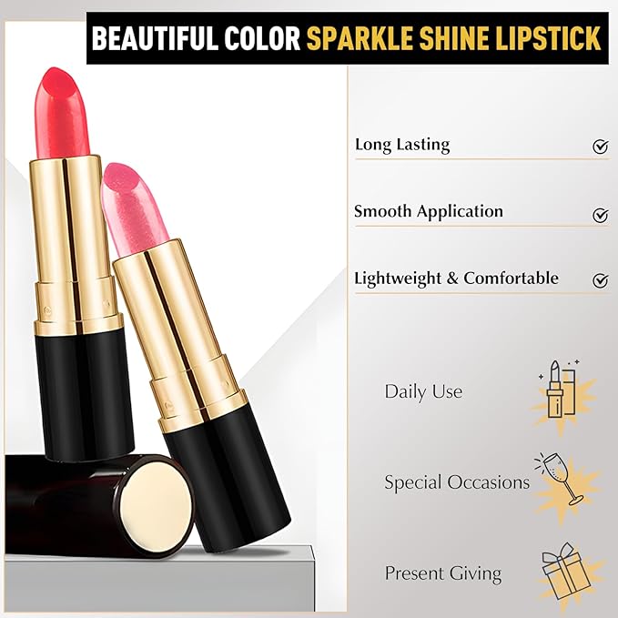 Metallic Lipstick Golden Glitter Lip Stick, Long Lasting Waterproof Shimmer Lipstick for Women Makeup Tinted Lip Balm Creamy Diamond Smooth Full Coverage Lip Color Lightweight Non Stick Cup
