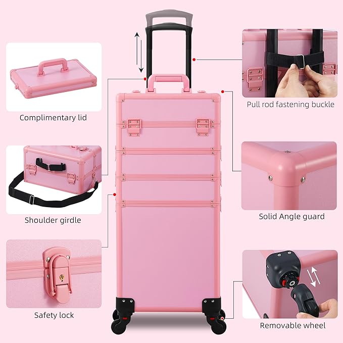 Makeup Train Case, Rolling Makeup Case with Lid, 5 in 1 Cosmetology Case on Wheels, Christmas Gift, Large Makeup Case Organizers, Profesional Cosmetic Case for Salon Barber, Pink