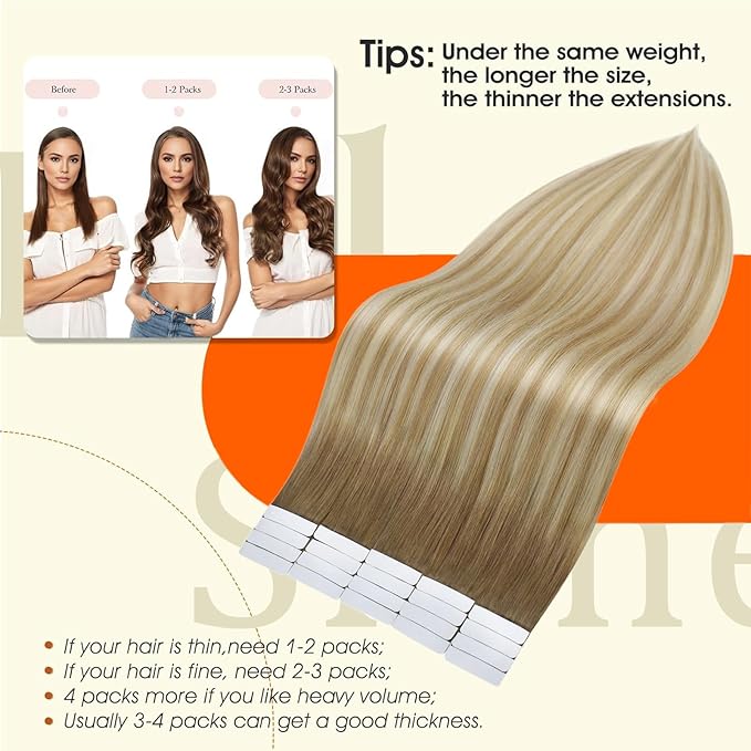 Full Shine Blonde Tape in Hair Extensions Color 6/27/60 Balayage Tape in Extensions Human Hair 24Inch Remy Seamless Skin Weft Long Straight Extension Soft Silky for Party 50G 20Pcs