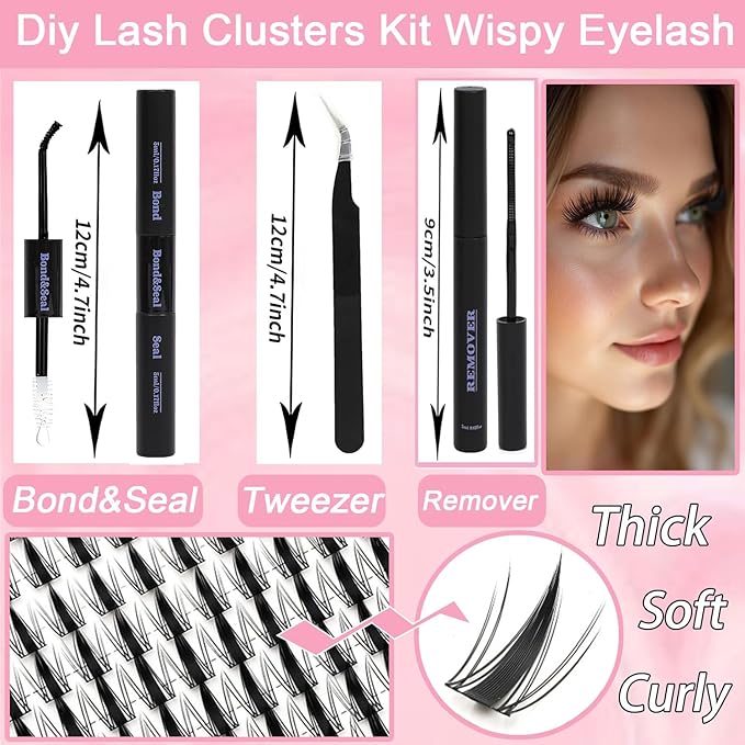Lash Clusters Kit: Eyelash Clusters Individual Lash Extension Kit 480 Pcs D Curl Fluffy Wispy False Eyelashes Extensions Thin Band with Bond Seal Tweezers Brush (SMY11-KIT)