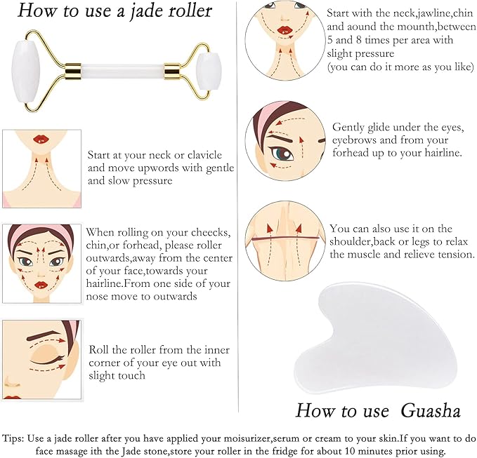 HOTACE Jade Roller Gua Sha Set Natural Jade Stone Roller for Face Beauty Facial Roller Massager Tools Face Slimming Lift Anti Wrinkle Skin Care Tools-White Jade