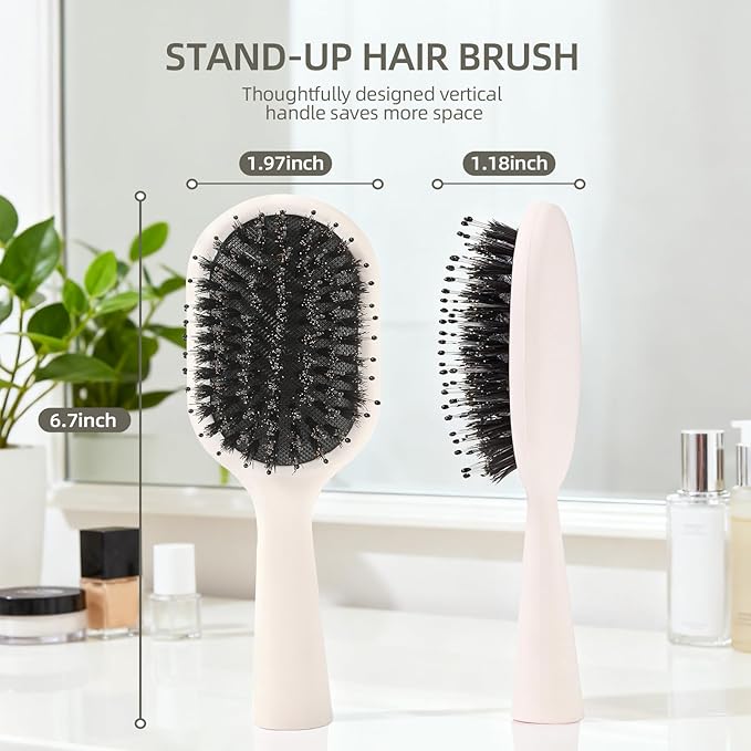 Boar Bristles Hair Brush for Women Men and Kids, Detangling Hair Brush for Smoothing Massage Add Shine, Nylon&Boar Bristles brush for Hair Healthy, Easy to Storage(White)