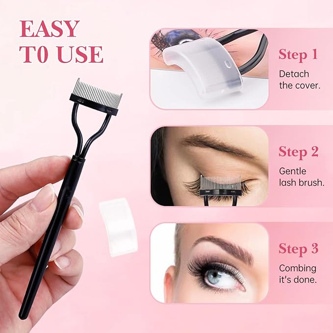 Eyelash Comb Eyelash Separator Tool, Arc Designed Eyelash Comb Separator, Eyelash Brush Separator With Metal Teeth Eyelashes Grooming Tool for Eye Cosmetic Brush Tool (Black+Pink, 2pcs)