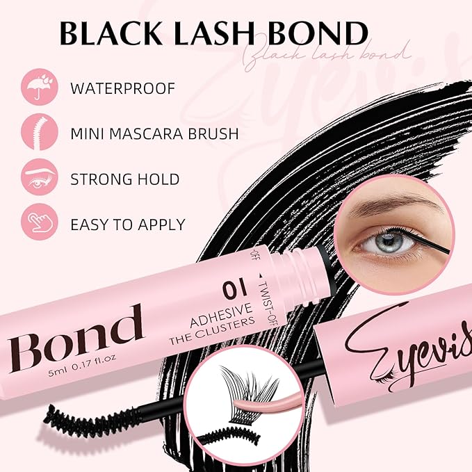 Lash Bond and Seal 10ML Waterproof Lash Cluster Glue Lash Seal 2-in-1 Lash Glue for Eyelash Clusters Long-Lasting for DIY Lash Extensions at Home(Black Bond and Clear Seal,10ML)