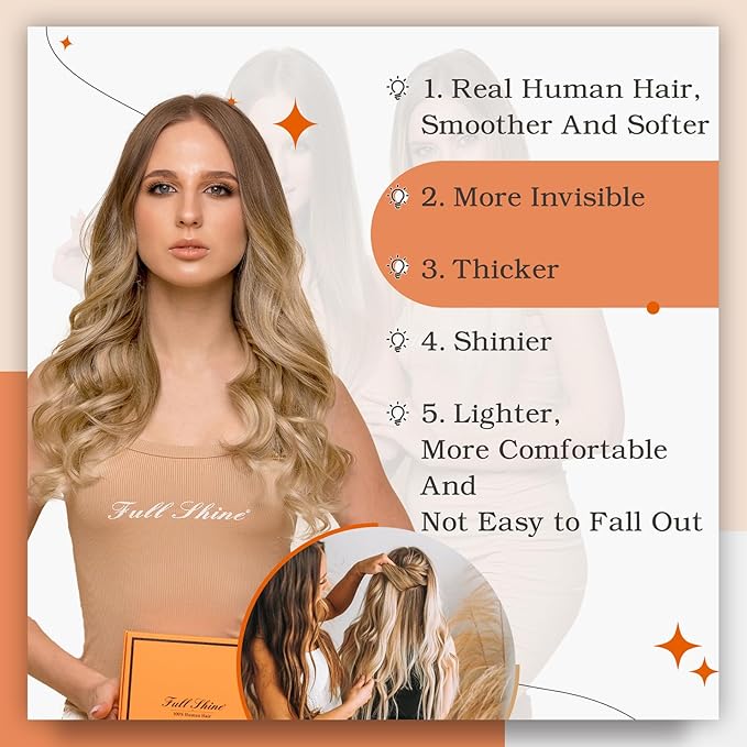 Full Shine Tape in Hair Extensions Human Hair 12Inch Tape Extensions Color 10 Golden Brown to 14 Dark Blonde Ombre Tape ins Human Hair Extensions Seamless Remy Human Hair 30G 20pcs for Wedding