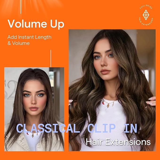 Full Shine Clip in Hair Extensions Human Hair Balayage Clip in Extensions Dark Brown to Chestnut Brown Double Weft Human Hair Extensions for Women 14 Inch 7 Pcs 120 G