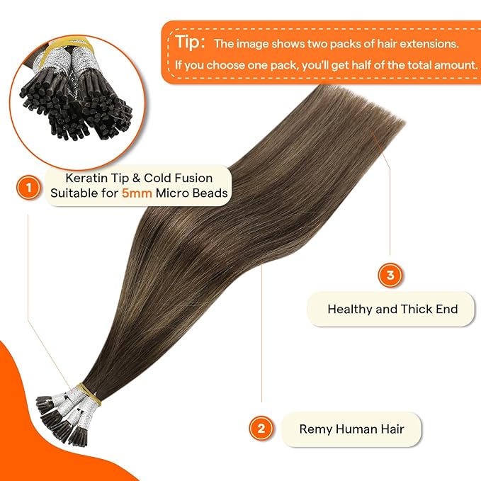 Full Shine I Tip Hair Extensions Human Hair Color 2/8/2 Balayage Brown 22 Inch Itip Human Hair Extensions 50 Grams Pre Bonded Extensions Remy Hair for Wedding