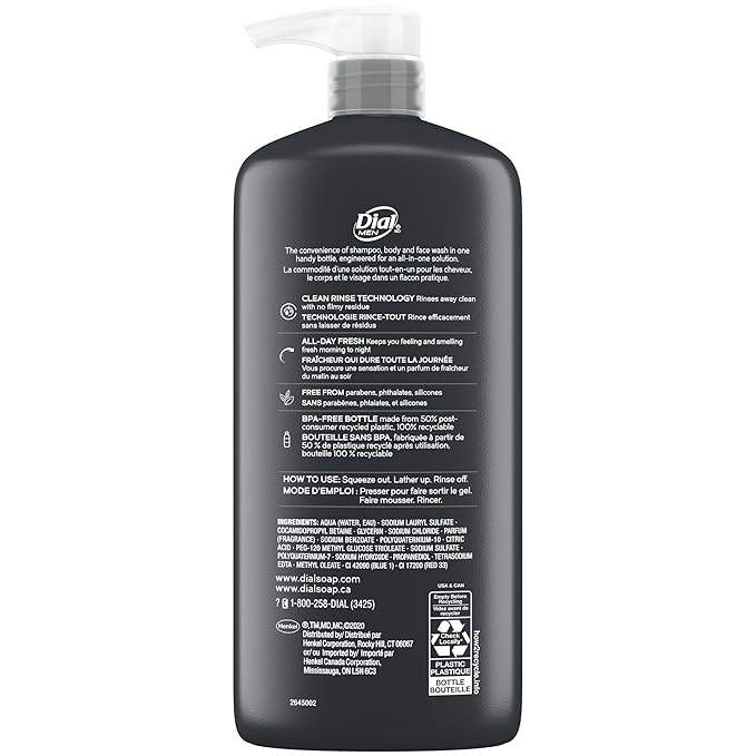Dial Men 3 in 1 Body, Hair and Face Wash, Refresh, 16 Fl Oz, Pack of 6, Cleanses Deep + Gentle on Skin with Clean Rinse Technology