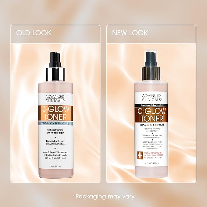 Advanced Clinicals Vitamin C Glow Facial Mist Toner for Face W/Rosewater, Ferulic Acid, & Peptides. Vitamin C Antioxidant Moisturizer Face Mist Provides Instant Skin Hydration, Non-Greasy, 8 Fl Oz