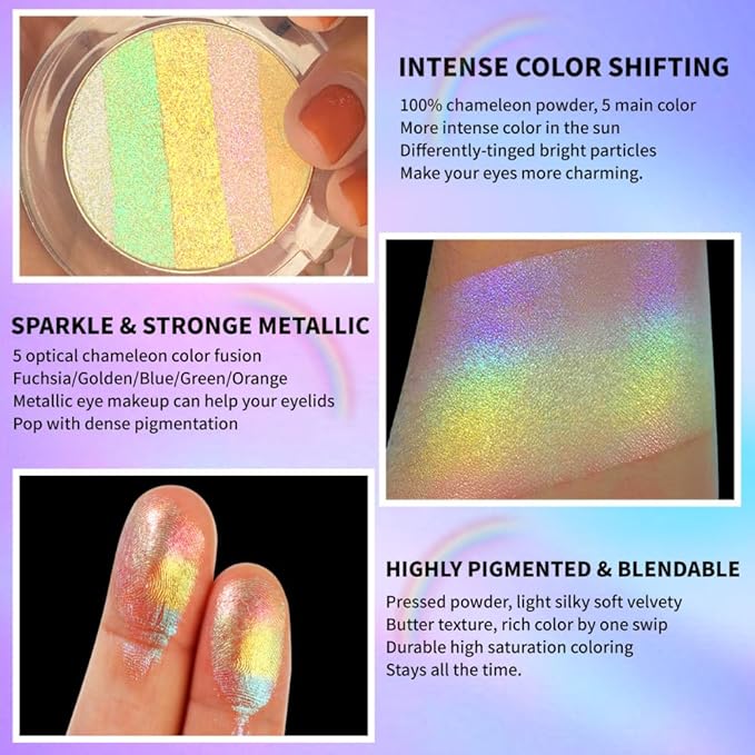Chameleon Face Highlighter Palette, Multichrome Eyeshadow Shimmer Pigmented Powder, Holographic Sparkle Rainbow Highlighter(Rainbow)