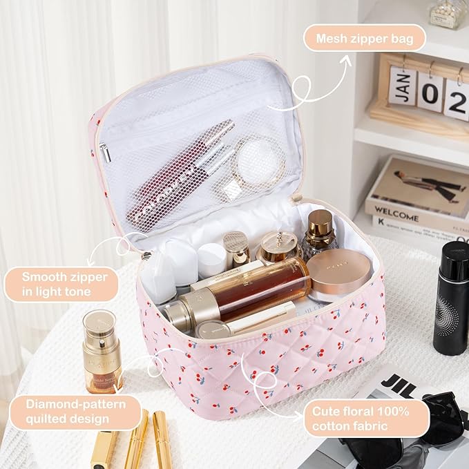 Makeup Bag for Women 3PCS Quilted Cotton Make Up Bag Travel Cosmetic Bag Large Makeup Bag Set Cute Makeups Organizer Floral Toiletry Pouch for Purse, Mini Cherry