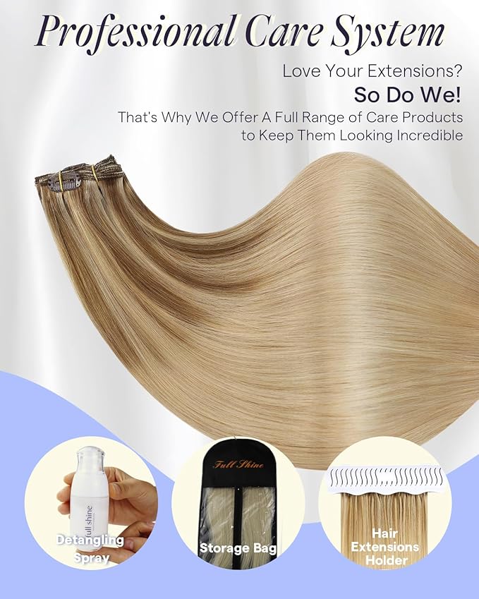 Full Shine Blonde Balayage Hair Extensions Real Human Hair Clip ins 16 Inch Golden Blonde Highlight Dirty Blonde Clip in Real Hair Extensions 7 Pcs 135 G