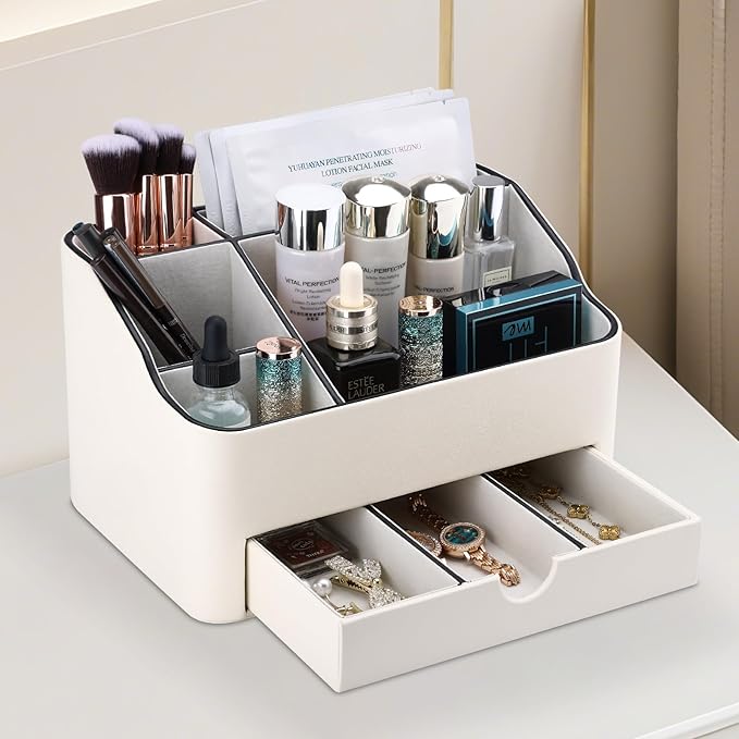 KINGFOM PU Leather Makeup Organizer with Drawer, Skincare Organizer for Vanity, Cosmetic Storage for Dresser Countertop, Beauty Holder for Lipstick Brush Skincare (Ivory White)