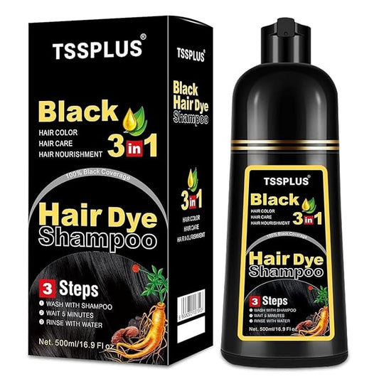 TSSPLUS Black Hair Dye Shampoo, 500ml - Organic Natural Hair Color Dye Shampoo for Women & Men, Instant Gray White Hair Cover, Plant Essence, Semi-Permanent