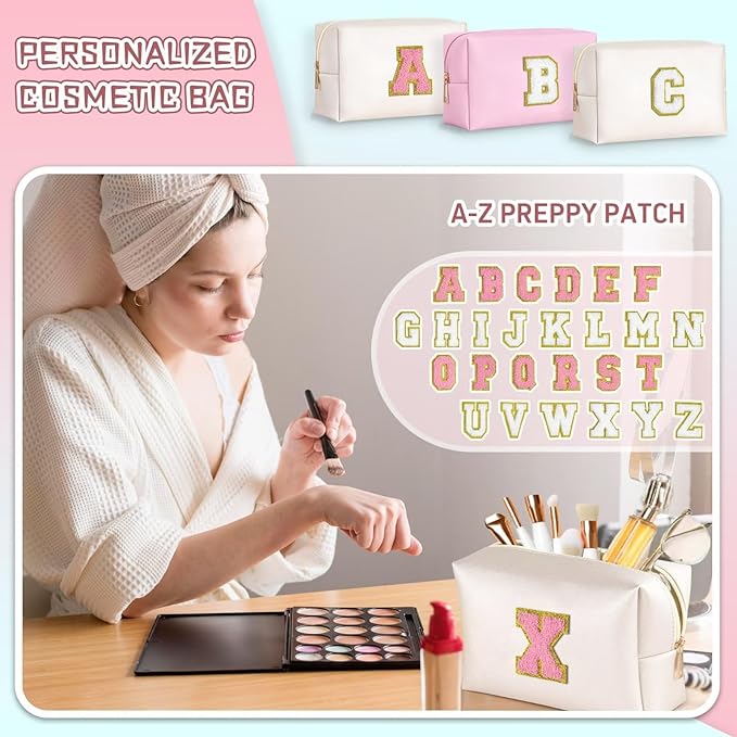 TOPEAST Initial Makeup Bag for Travel, Chenille Letter Pouch Cosmetic Bag, PU Leather Waterproof Toiletry Bag, Personalized Gifts for Bride Bridesmaids, Cute Things for Girls (Pearly White Q)