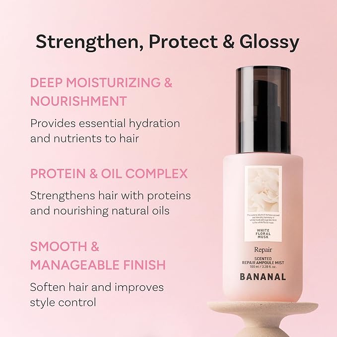 Korean Scented Hair Serum Mist – Argan Oil & Silk Protein Ampoule for Nourishing, Frizz Control, Damaged Repair & Glass Hair Shine – White Floral Musk, 100ml / 3.38 fl oz
