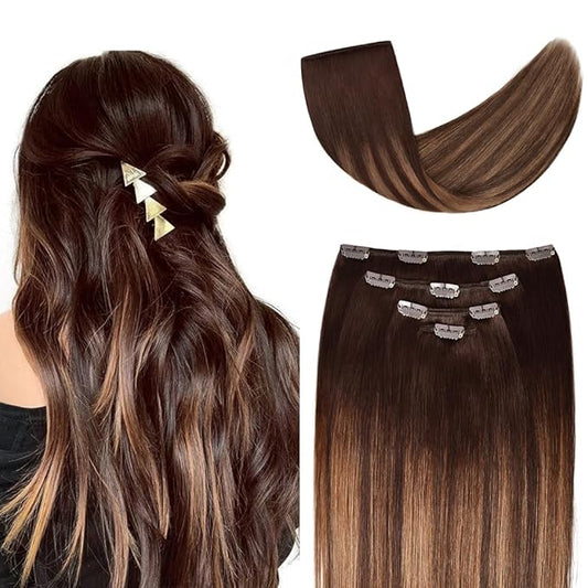 12" Clip in Hair Extensions Remy Human Hair Brown Balayage for Women - Silky Straight 100% Real Human Hair 50grams 4pieces #2T(6P2) Color