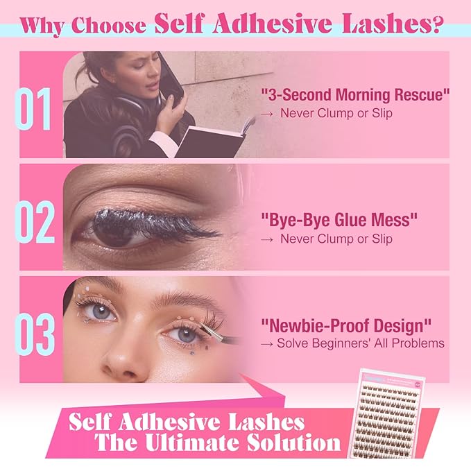Yawamica Self Adhesive Eyelashes Brown Lash Clusters No Glue Needed Press on Lashes Reusable Pre-glued Eyelash Clusters 8-14mm Wispy Individual Lashes C Curl Cluster Lashes DIY Brown Lash Extension