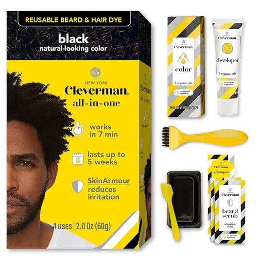 Cleverman Hair & Beard Dye Kit for Men, All-in-One Reusable Mens Hair Color, Natural Gray Coverage, Ammonia-Free Beard Mustache Dye for Men (Black for Black Men)